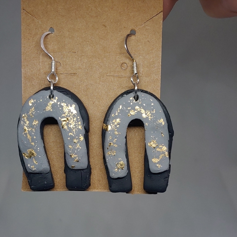 Black and Gray Horseshoe Earrings with Gold Accents